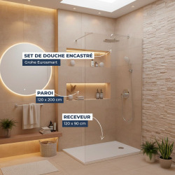 Pack Douche Complet – Paroi Walk-In 120x200 Chrome + Colonne Grohe Eurosmart 2 Jets + Receveur Marbre Coulé Blanc 120x90