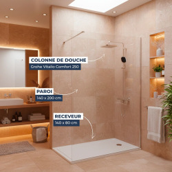 Pack Douche Complet – Paroi Walk-In 140x200 Chrome + Colonne Grohe Vitalio 2 Jets + Receveur Marbre Coulé Blanc 140x80 (SAT140C8