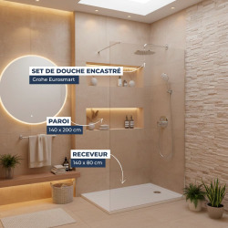 Pack Douche Complet – Paroi Walk-In 140x200 Chrome + Colonne Grohe Eurosmart 2 Jets + Receveur Marbre Coulé Blanc 140x80 (SAT140