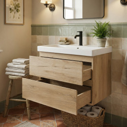 B-Way 79x50x45 cm meuble de salle de bain suspendu 2 tiroirs avec lavabo en céramique, chêne mat (BWAY280OAKU1BI)