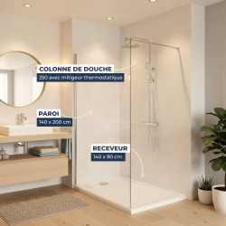 Pack Douche Complet – Paroi Walk-In 140x200 Chrome + Colonne SAT 3 Jets + Receveur Marbre Coulé Blanc 140x80 (SAT100C7PR149W)
