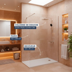 Pack Douche Complet – Paroi Walk-In 140x200 Chrome + Colonne Grohe Vitalio 2 Jets + Receveur Marbre Coulé Blanc 140x90 (SAT140C8