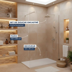 Pack Douche Complet – Paroi Walk-In 140x200 Chrome + Colonne Grohe Eurosmart 2 Jets + Receveur Marbre Coulé Blanc 140x90 (SAT140