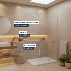 Pack Douche Complet – Paroi Walk-In 100x200 Chrome + Colonne Grohe Tempesta 3 Jets + Receveur Marbre Coulé Blanc 120x80 (SAT100C