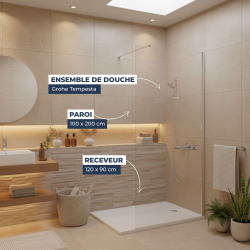Pack Douche Complet – Paroi Walk-In 100x200 Chrome + Colonne Grohe Tempesta 3 Jets + Receveur Marbre Coulé Blanc 120x90