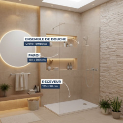 Pack Douche Complet – Paroi Walk-In 120x200 Chrome + Colonne Grohe Tempesta 3 Jets + Receveur Marbre Coulé Blanc 120x90 (SAT120C