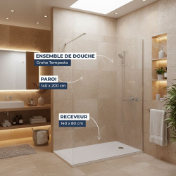 Pack Douche Complet – Paroi Walk-In 140x200 Chrome + Colonne Grohe Tempesta 3 Jets + Receveur Marbre Coulé Blanc 140x80 (SAT140C