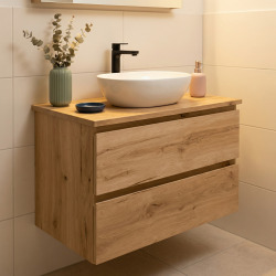 B-Way 79x50x45 cm meuble de salle de bain suspendu avec plaque de recouvrement, 2 tiroirs, chêne mat (BWAY280OAKDESK)