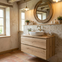 B-Way 79x50x45 cm meuble de salle de bain suspendu avec plaque de recouvrement, 2 tiroirs, chêne mat (BWAY280OAKDESK)