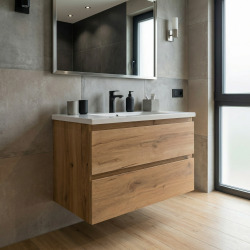 B-Way 79x50x45 cm meuble de salle de bain suspendu 2 tiroirs avec lavabo en marbre coulé, chêne mat (BWAY280OAKU)
