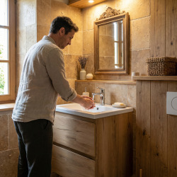 B-Way 59x50x45 cm meuble de salle de bain suspendu 2 tiroirs avec lavabo en marbre coulé, chêne mat (BWAY260OAKU)