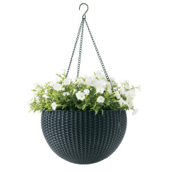 Pot de fleurs suspendu sphère en plastique imitation rotin avec chaîne, anthracite (229545)