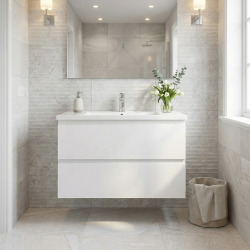 B-Way 59x50x45 cm meuble de salle de bain suspendu 2 tiroirs avec lavabo en marbre coulé, blanc brillant (BWAY260WU)