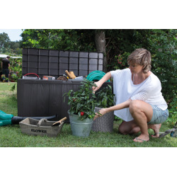 Sherwood coffre de rangement de jardin extérieur 270 L en plastique et résine imperméable, aspect bois grafite, gris anthracite