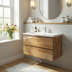 B-Way 99x50x45 cm meuble salle de bain suspendu 2 tiroirs avec lavabo en marbre coulé, chêne mat (BWAY2100OAKU)