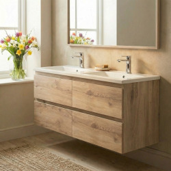 B-Way 119x50x45 cm meuble suspendu + double vasque semi-encastrée en marbre coulé 120x46x27 cm, chêne mat (BWAY2120OAKU)