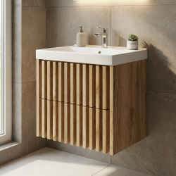 Meuble salle de bain suspendu 60 x 56 x 46 cm avec lavabo décor lattes chêne mat Delano SAT (DELANO60ZDSAT)