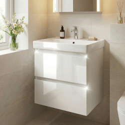 B-Way 59x50x45 cm meuble de salle de bain suspendu 2 tiroirs avec lavabo en céramique, blanc brillant (BWAY260WU1BI)