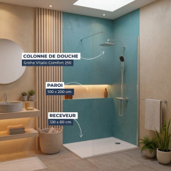 Pack Douche Complet – Paroi Walk-In 100x200 Chrome + Colonne Grohe Vitalio 2 Jets + Receveur Marbre Coulé Blanc 120x80 (SAT100C8