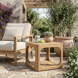 Table d'appoint de jardin en teck massif, 50x50x40 cm, deux plateaux et angle arrondie (NATOFTB5050S)