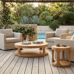 Table d'appoint ronde de jardin en teck massif, 50x50x43 cm, deux plateaux (NATOFTB5050R)