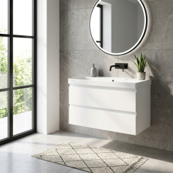 B-Way 99x50x45 cm meuble de salle de bain suspendu 2 tiroirs avec lavabo en céramique, blanc brillant(BWAY2100WU1BI)