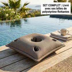 Coussin piscine flottant porte-verres 75x75 cm gris – billes incluses (à remplir) – intérieur / extérieur (PPF7575-1-SET)
