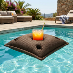 Coussin piscine flottant porte-verres 75x75 cm brun – billes incluses (à remplir) – intérieur / extérieur (PPF7575-5-SET)