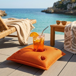 Coussin piscine flottant porte-verres 75x75 cm orange – billes incluses (à remplir) – intérieur / extérieur (PPF7575-6-SET)